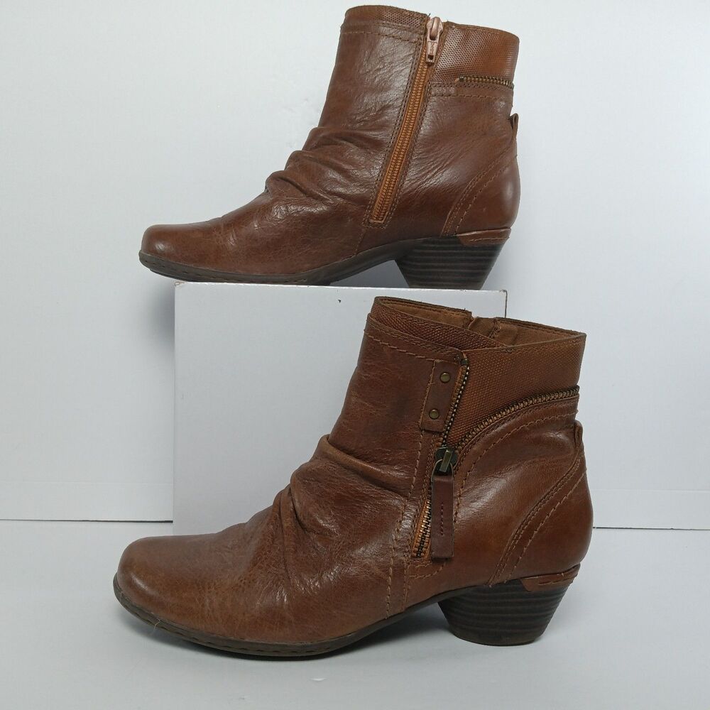 Rockport Cobb Hill Laurel Brown Leather Ruched Ankle Booties Zip Up Womens 7